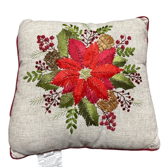 Decorative 16" Embroidered Christmas Throw Pillow Poinsettia Pinecone Design - Picture 1 of 5